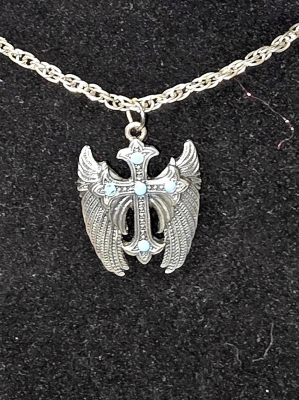 Winged Pendant Necklace in Silver & Blue Like New